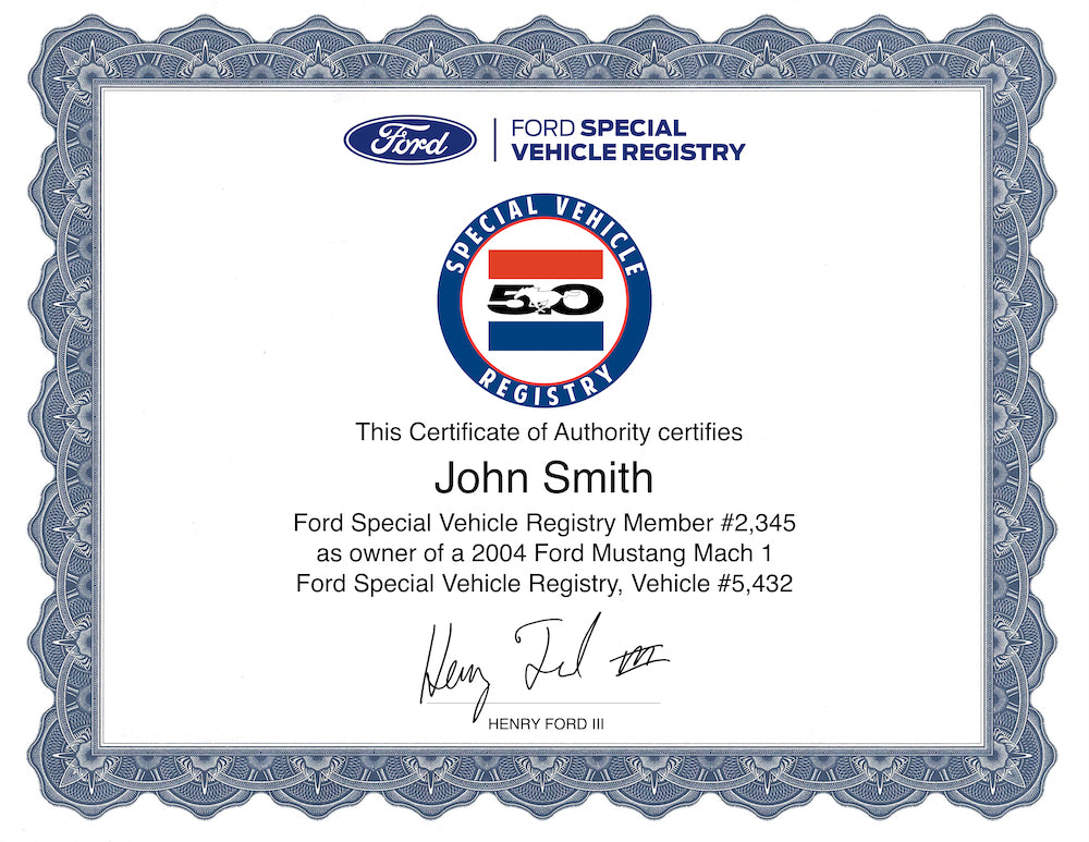 Mustang 5.0L Registry Certificate
