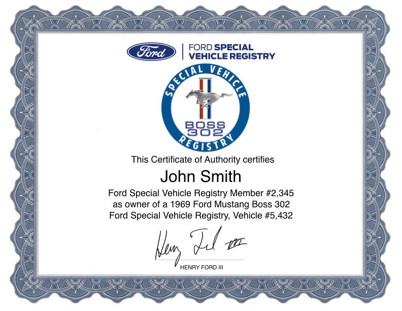 Mustang Boss 302 Registry Certificate