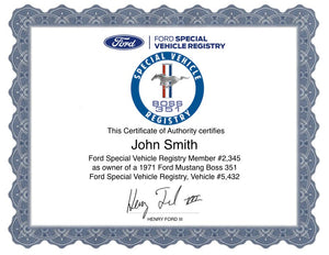 Mustang Boss 351 Registry Certificate