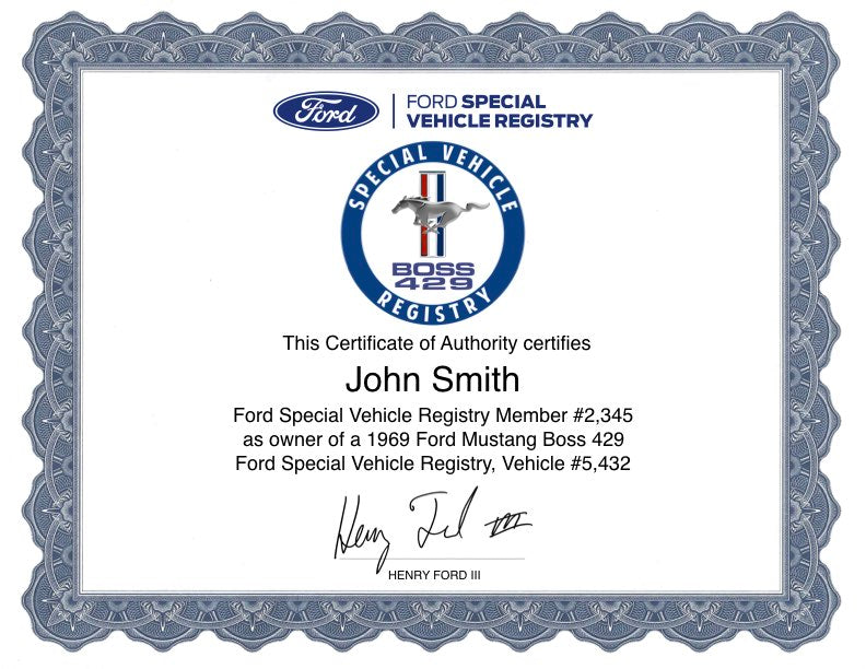 Mustang Boss 429 Registry Certificate