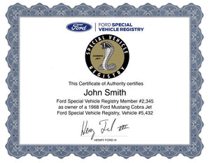 Mustang Cobra Jet Registry Certificate