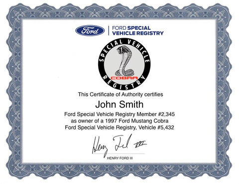 Mustang Cobra Registry Certificate