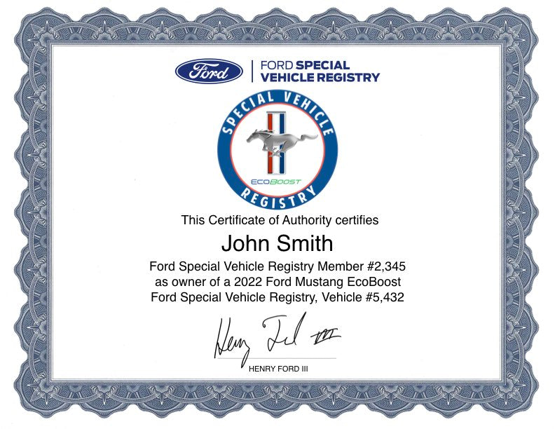 Mustang EcoBoost Registry Certificate