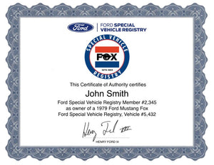 Mustang FOX Registry Certificate