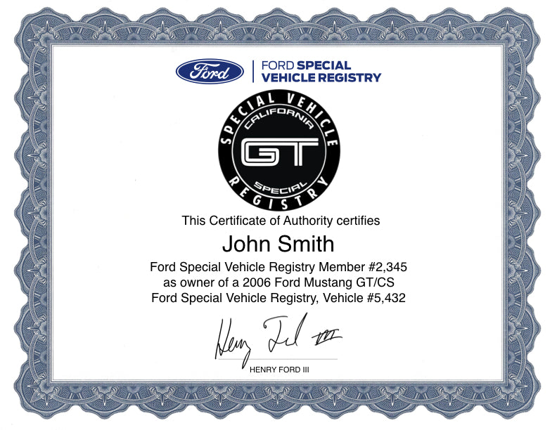 Mustang California Special GT/CS Registry Certificate