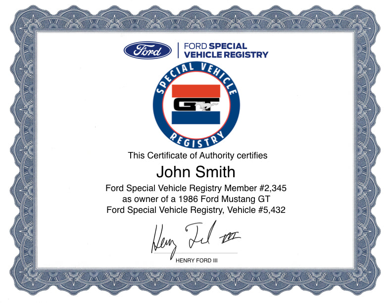 Mustang GT Registry Certificate