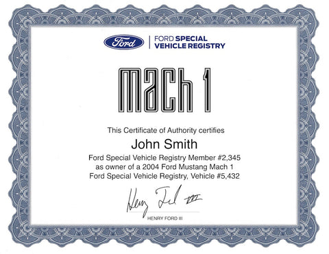 Mustang Mach1 Registry Certificate