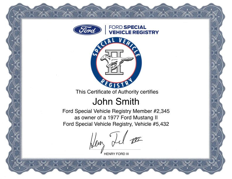 Ford Mustang II Registry Certificate
