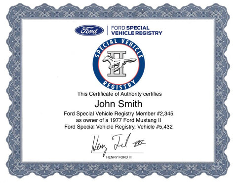 Ford Mustang II Registry Certificate