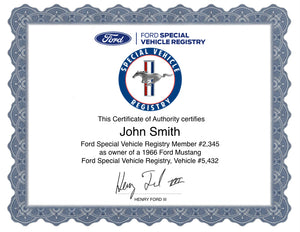 Ford Mustang Registy Certificate