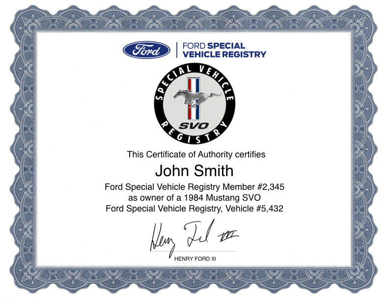 Mustang SVO Registry Certificate