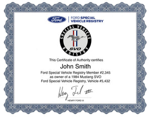 Mustang SVO Registry Certificate